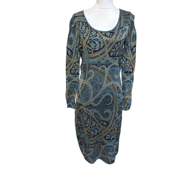 Peruvian Connection Teal Green Caribe Paisley Kashmiri Midi Sweater Dress -M - Picture 3 of 7